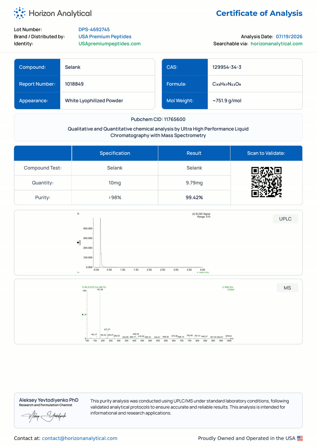 Selank Purity report page 1